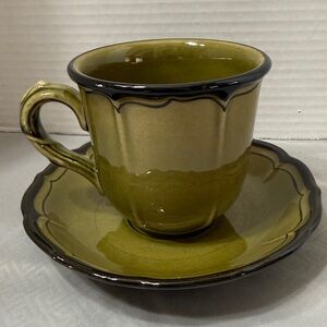 Metlox Poppy Trail Green Ceramic Cup and Saucer Set of 2 Black Trim Boho Vintage